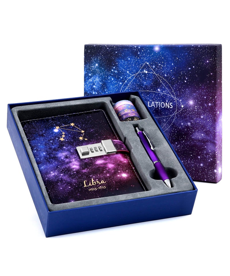 CAGIE Starry Constellation Lock Diary Set Gift Box with Pen & Tapes Secret Diary with Lock for Kids Girls Women Purple Journal Kit with Lock for Anniversary Birthday Holiday ï¼ˆLibraï¼‰ - Image 1